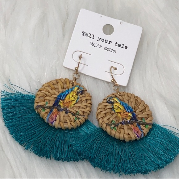 Parrot Painted Woven Straw Fan Tassel Earrings - Picture 3 of 5